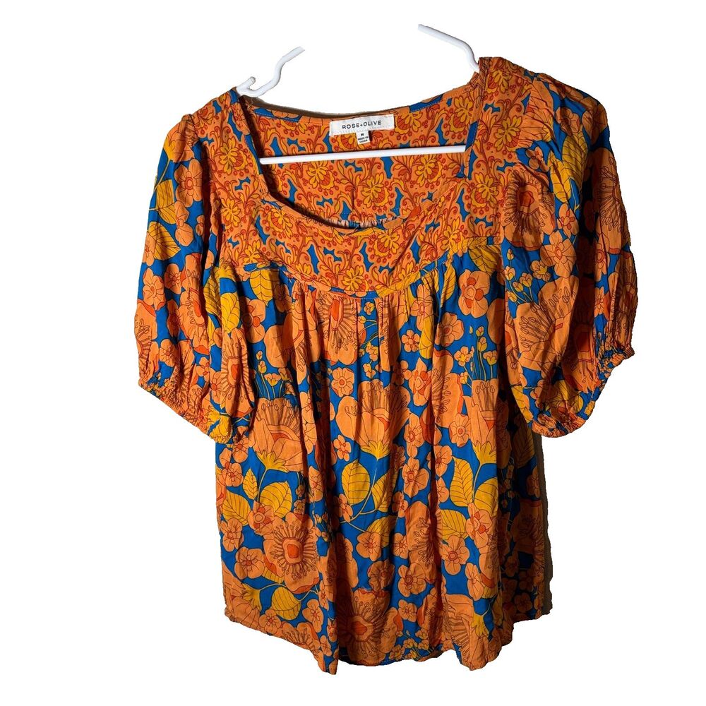Rose & Olive Blouse Women's Medium Square Neck Puff Sleeve Floral Boho Top